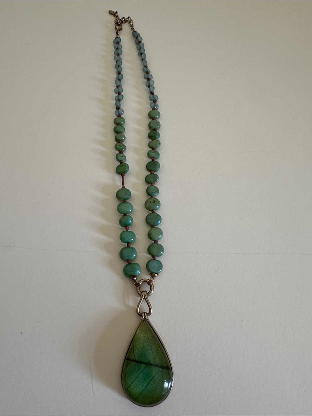 Turquoise Beaded Necklace with Green Teardrop Pendant -